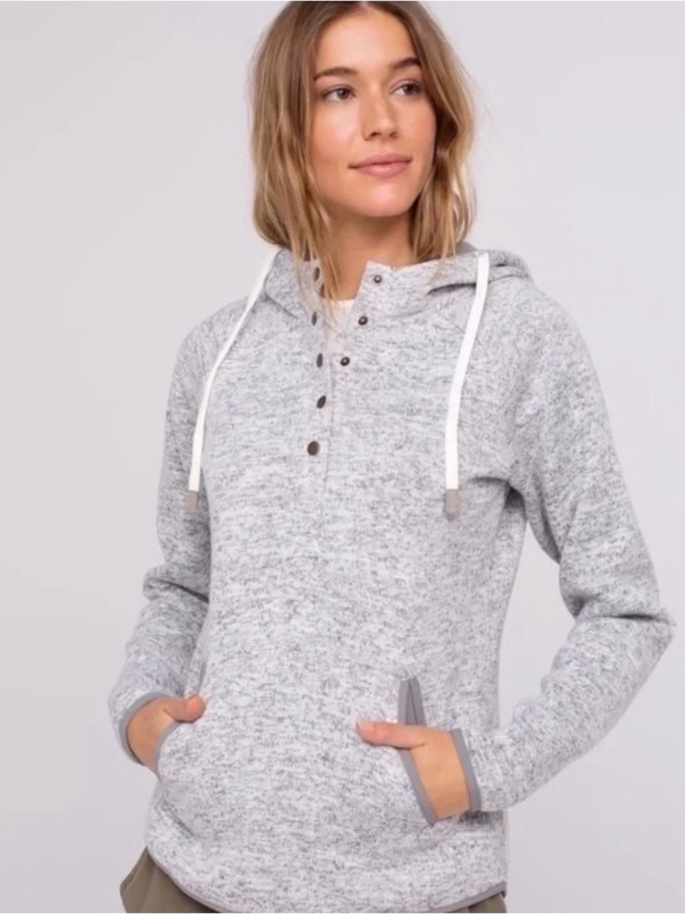 Thread & Supply Super Soft Light Grey Henley Hooded Pullover Sweatshirt - Size L